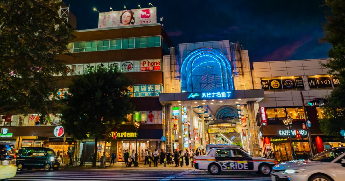 ハピナ名掛丁商店街の入口と賑わう夜の街並み